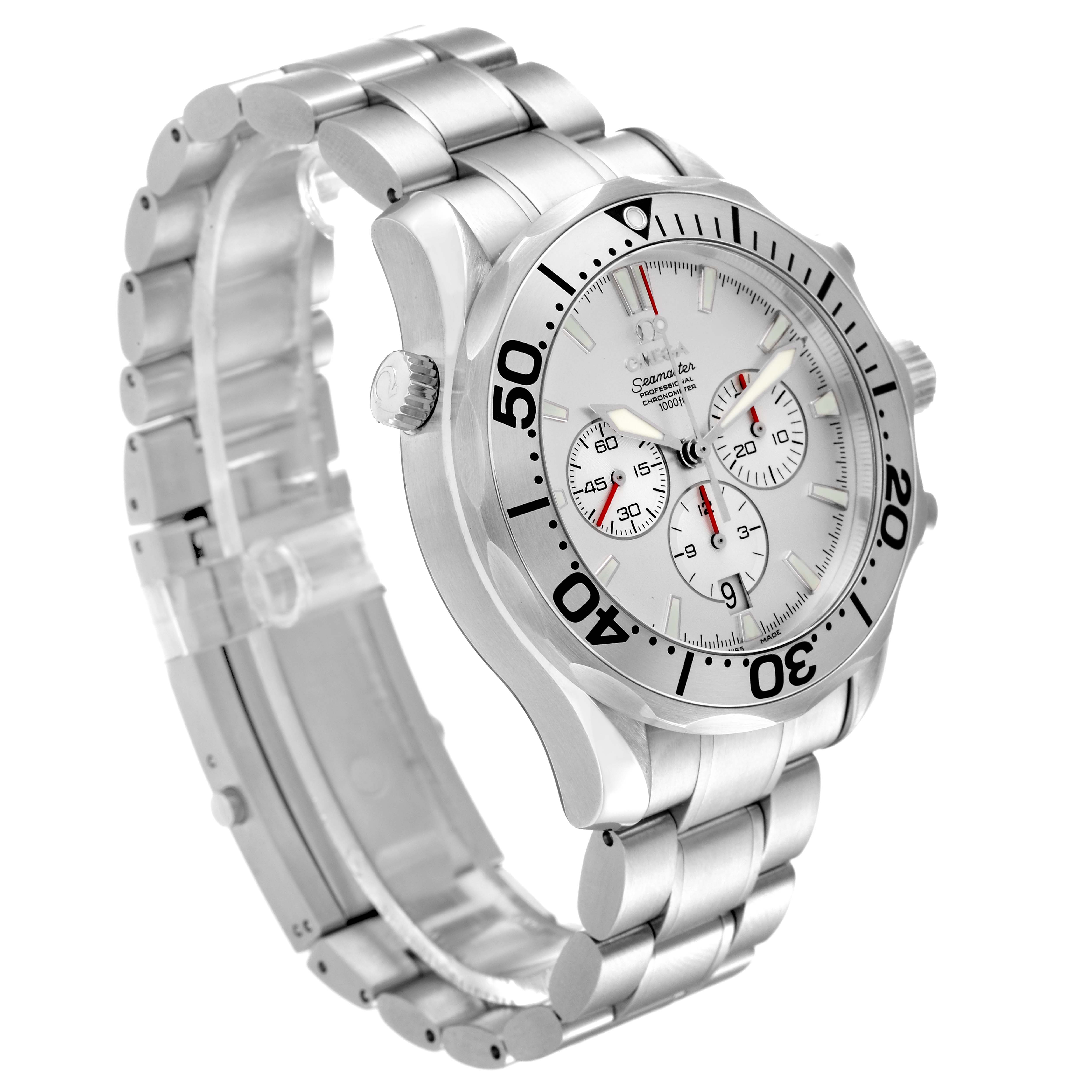 The image shows a side-angle view of an Omega Seamaster 2589.30.00 Men's Stainless Steel Silver Dial 2589.30.00 Men's Stainless Steel Silver Dial watch, highlighting the bezel, crown, and bracelet.