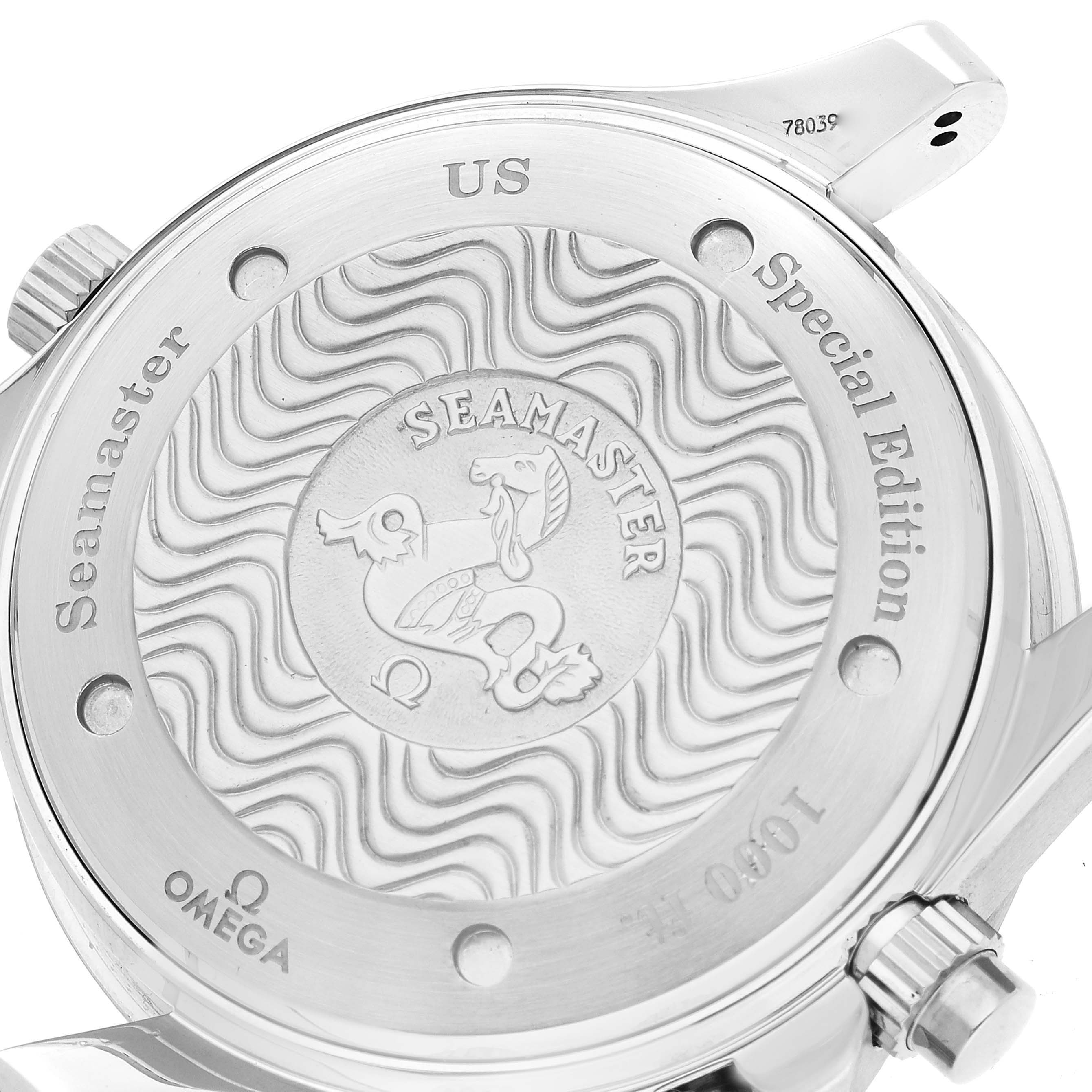The image shows the back of an Omega Seamaster 2589.30.00 Men's Stainless Steel Silver Dial 2589.30.00 Men's Stainless Steel Silver Dial watch, highlighting its special edition engravings and design details.