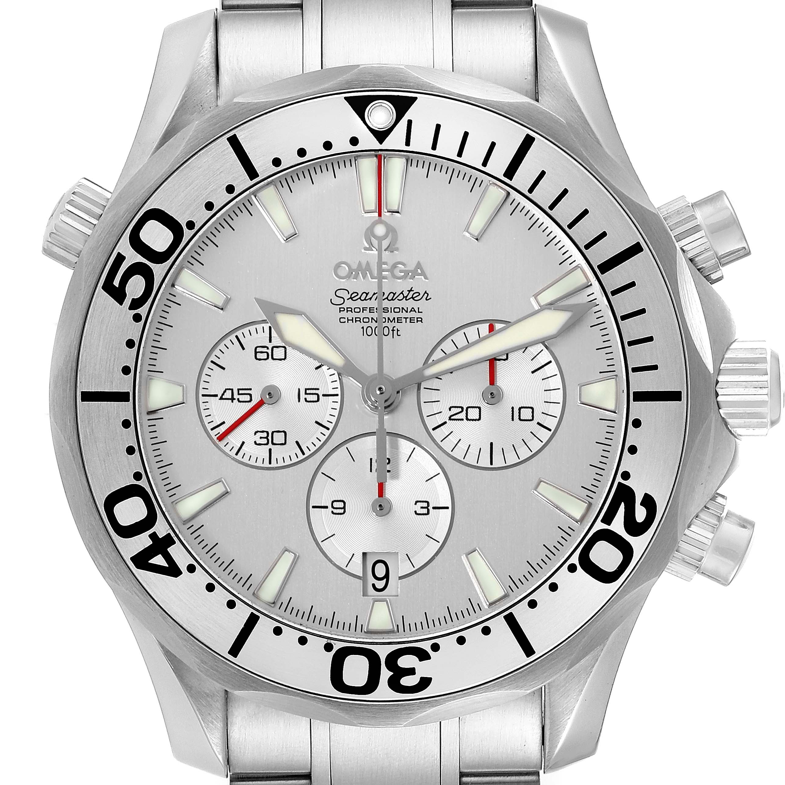 The image shows a frontal view of the Omega Seamaster 2589.30.00 Men's Stainless Steel Silver Dial 2589.30.00 Men's Stainless Steel Silver Dial watch, highlighting the dial, bezel, and chronograph sub-dials.
