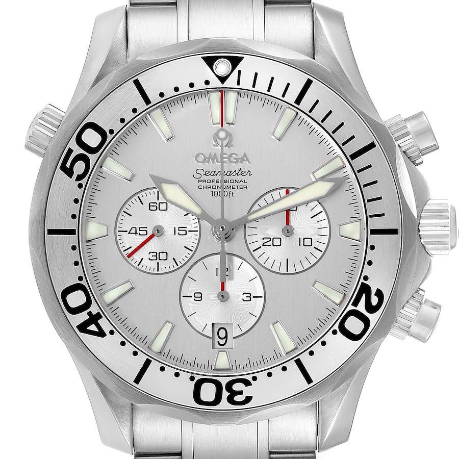 The image shows a frontal view of the Omega Seamaster 2589.30.00 Men's Stainless Steel Silver Dial 2589.30.00 Men's Stainless Steel Silver Dial watch, highlighting the dial, bezel, and chronograph sub-dials.