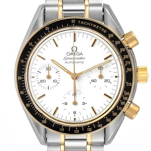 Front view of an Omega Speedmaster 3310.20.00 Men's Steel and Gold (two tone) White Dial 3310.20.00 Men's Steel and Gold (two tone) White Dial watch showing the face, bezel, dial, sub-dials, crown, and part of the bracelet.