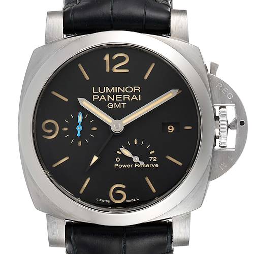 This image shows a frontal view of a Panerai Luminor PAM01321 Men's Stainless Steel Black Dial PAM01321 Men's Stainless Steel Black Dial GMT watch, highlighting its dial, hands, and crown guard.
