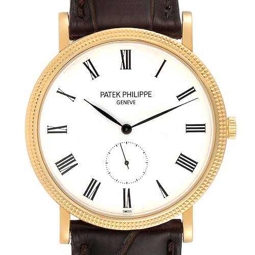 This image shows the front view of a Patek Philippe Calatrava 5119J Men's Yellow Gold White Dial 5119J Men's Yellow Gold White Dial watch, highlighting the dial and leather strap.