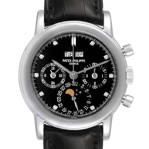 The image shows the front view of a Patek Philippe Complications 3970EP Men's Platinum Black Dial 3970EP Men's Platinum Black Dial model watch, displaying its dial, sub-dials, and a portion of the leather strap.