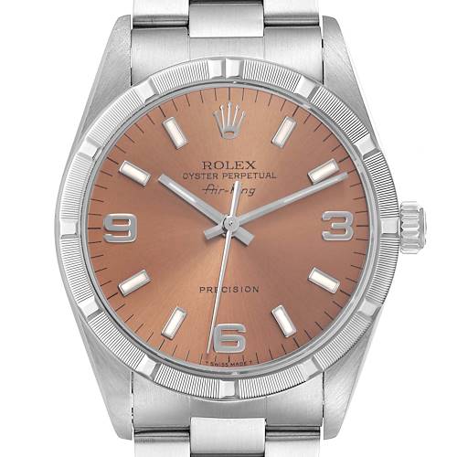 The Rolex Air-King 14010 Men's Stainless Steel Pink Dial 14010 Men's Stainless Steel Pink Dial watch is shown from the front, highlighting the dial, bezel, crown, and part of the bracelet.