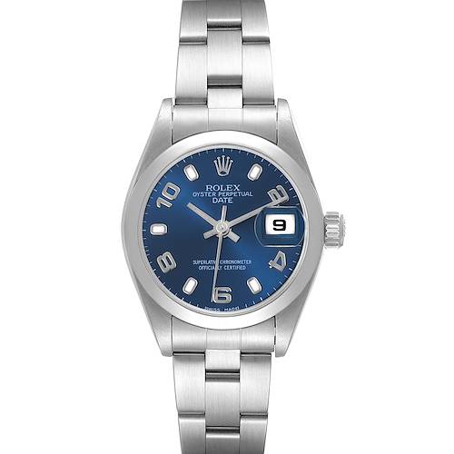 The Rolex Date 79160 Women's Stainless Steel Blue Dial 79160 Women's Stainless Steel Blue Dial model watch is shown from the front, displaying the face, bracelet, and crown.