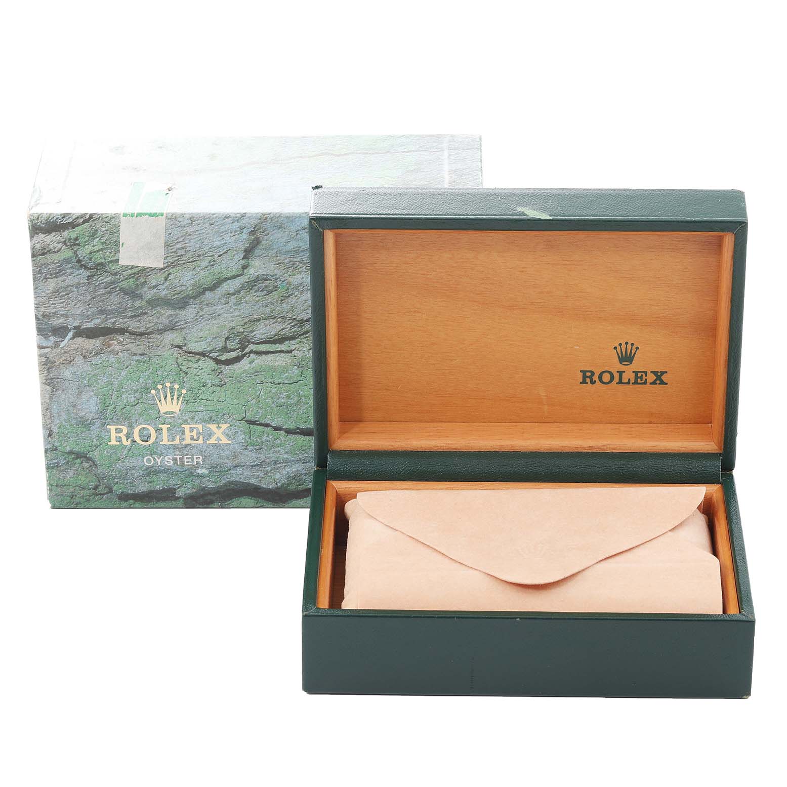 The image shows an open Rolex Date 15210 Men's Stainless Steel Silver Dial 15210 Men's Stainless Steel Silver Dial model watch box and its outer packaging.