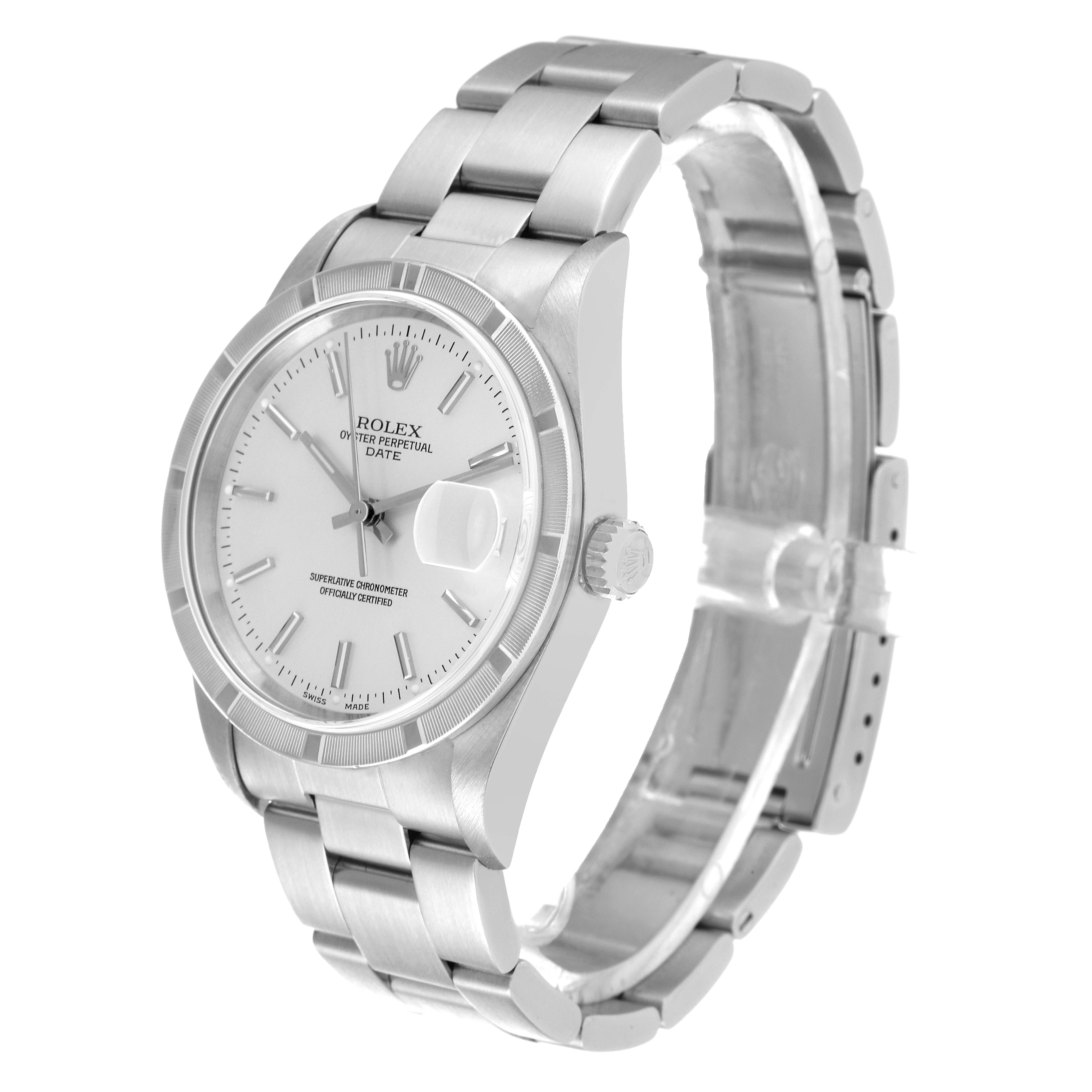 The Rolex Date 15210 Men's Stainless Steel Silver Dial 15210 Men's Stainless Steel Silver Dial watch model is shown at a slight angle, featuring its face, bezel, crown, and part of the bracelet.