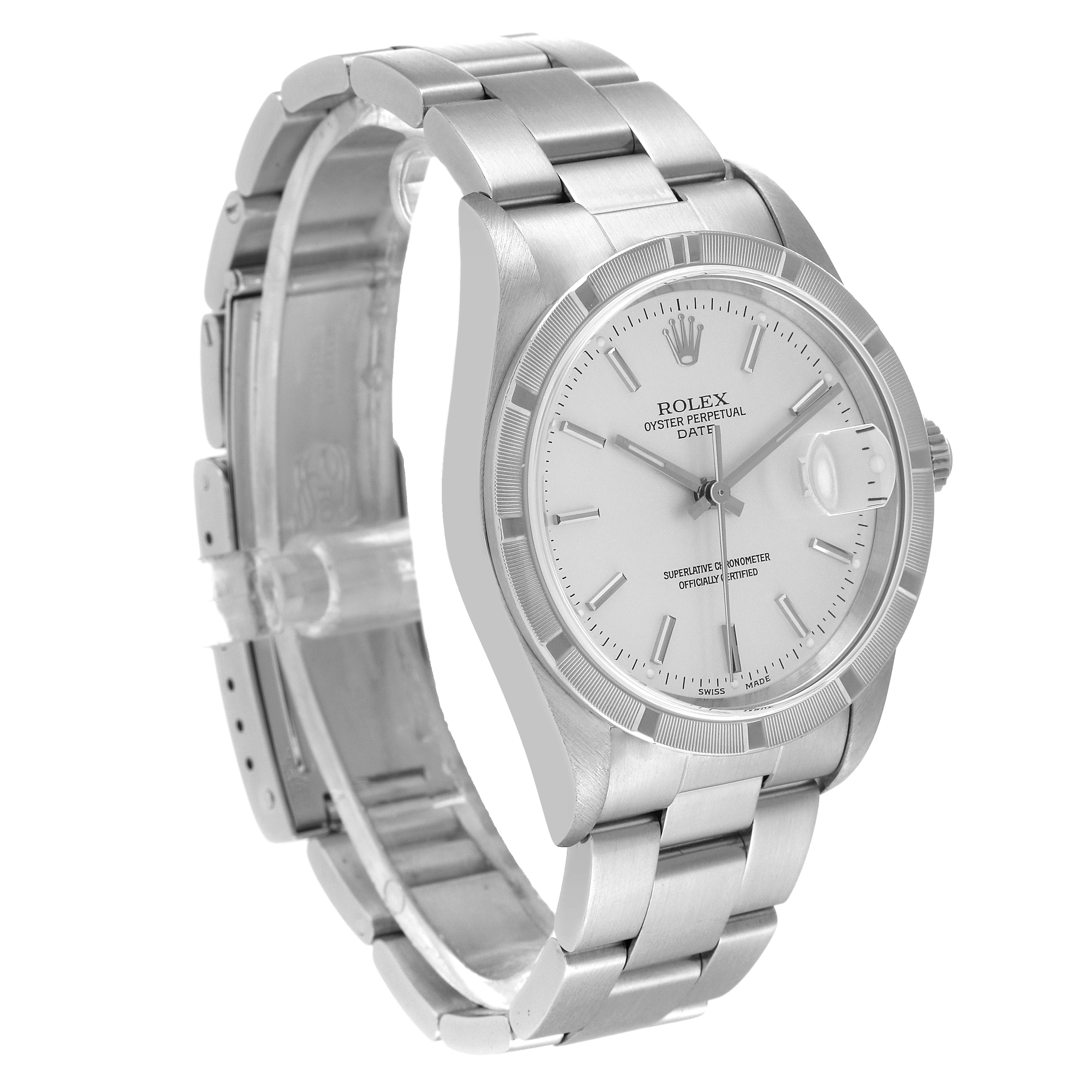 The Rolex Date 15210 Men's Stainless Steel Silver Dial 15210 Men's Stainless Steel Silver Dial model is shown at a slight side angle, displaying the watch face, bracelet, and clasp.