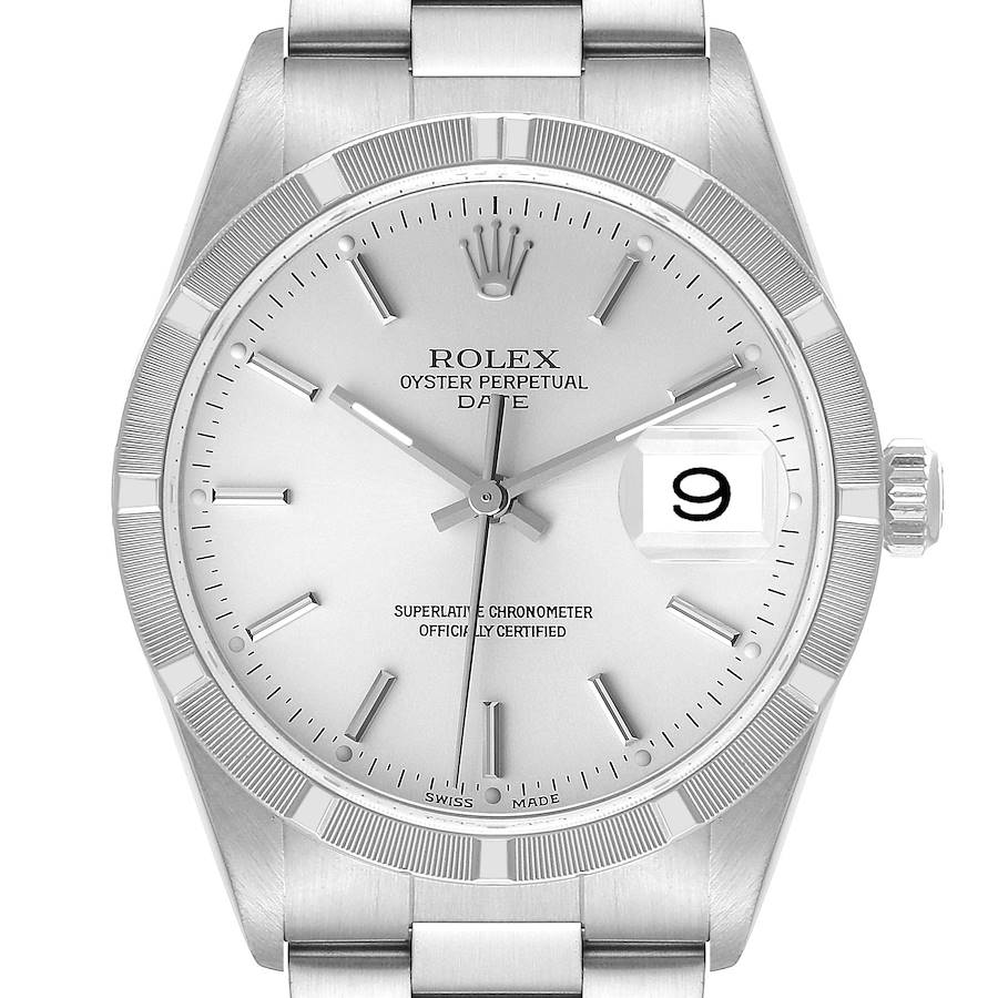 The image shows a close-up of the face and bezel of a Rolex Date 15210 Men's Stainless Steel Silver Dial 15210 Men's Stainless Steel Silver Dial model watch, featuring the dial, hands, and date window.