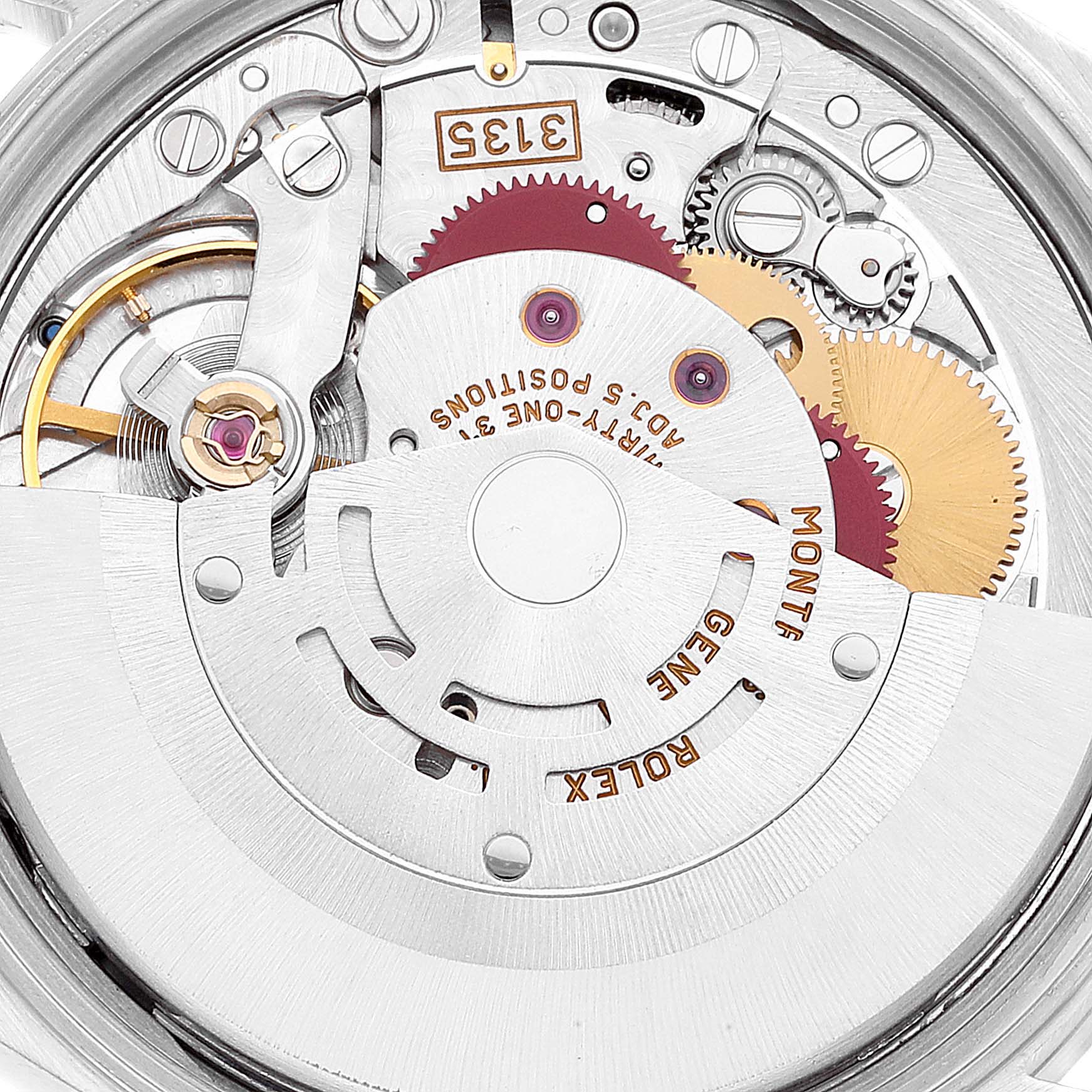 This image shows the intricate movement mechanism of a Rolex Date 15210 Men's Stainless Steel Silver Dial 15210 Men's Stainless Steel Silver Dial model watch, viewed from a close-up angle.