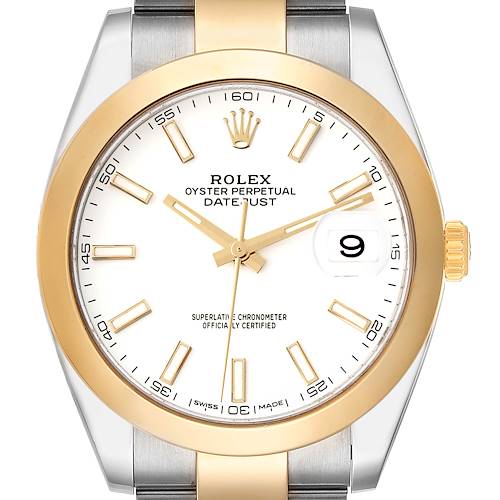 The image shows a front view of the Rolex Datejust 41 126303 Men's Steel and Gold (two tone) White Dial 126303 Men's Steel and Gold (two tone) White Dial, highlighting the dial, bezel, crown, and part of the bracelet.
