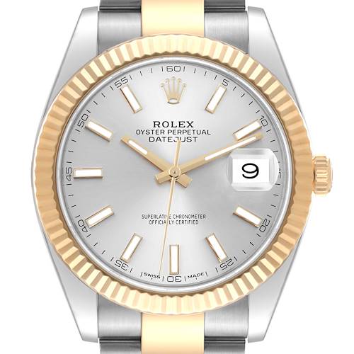This image shows a front view of the Rolex Datejust 41 126333 Men's Steel and Gold (two tone) Silver Dial 126333 Men's Steel and Gold (two tone) Silver Dial watch, featuring a silver dial, gold bezel, and two-tone bracelet.