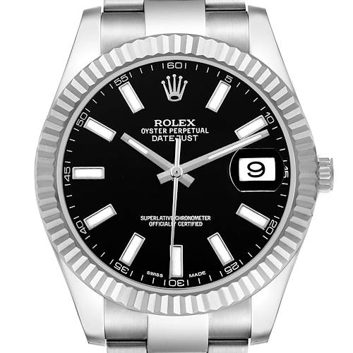 The Rolex Datejust 41 116334 Men's Stainless Steel Black Dial 116334 Men's Stainless Steel Black Dial is shown from a front angle, highlighting its black dial, bezel, and bracelet.