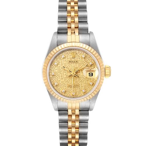 The Rolex Datejust 69173 Women's Steel and Gold (two tone) Champagne Dial 69173 Women's Steel and Gold (two tone) Champagne Dial watch is shown from a front angle, highlighting the dial, bezel, and bracelet.