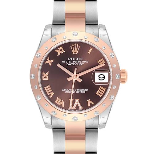 The Rolex Mid-Size 178341 Women's Steel and Gold (two tone) Brown Dial 178341 Women's Steel and Gold (two tone) Brown Dial watch is shown from a front angle, highlighting its brown dial, diamond bezel, and mixed metal bracelet.