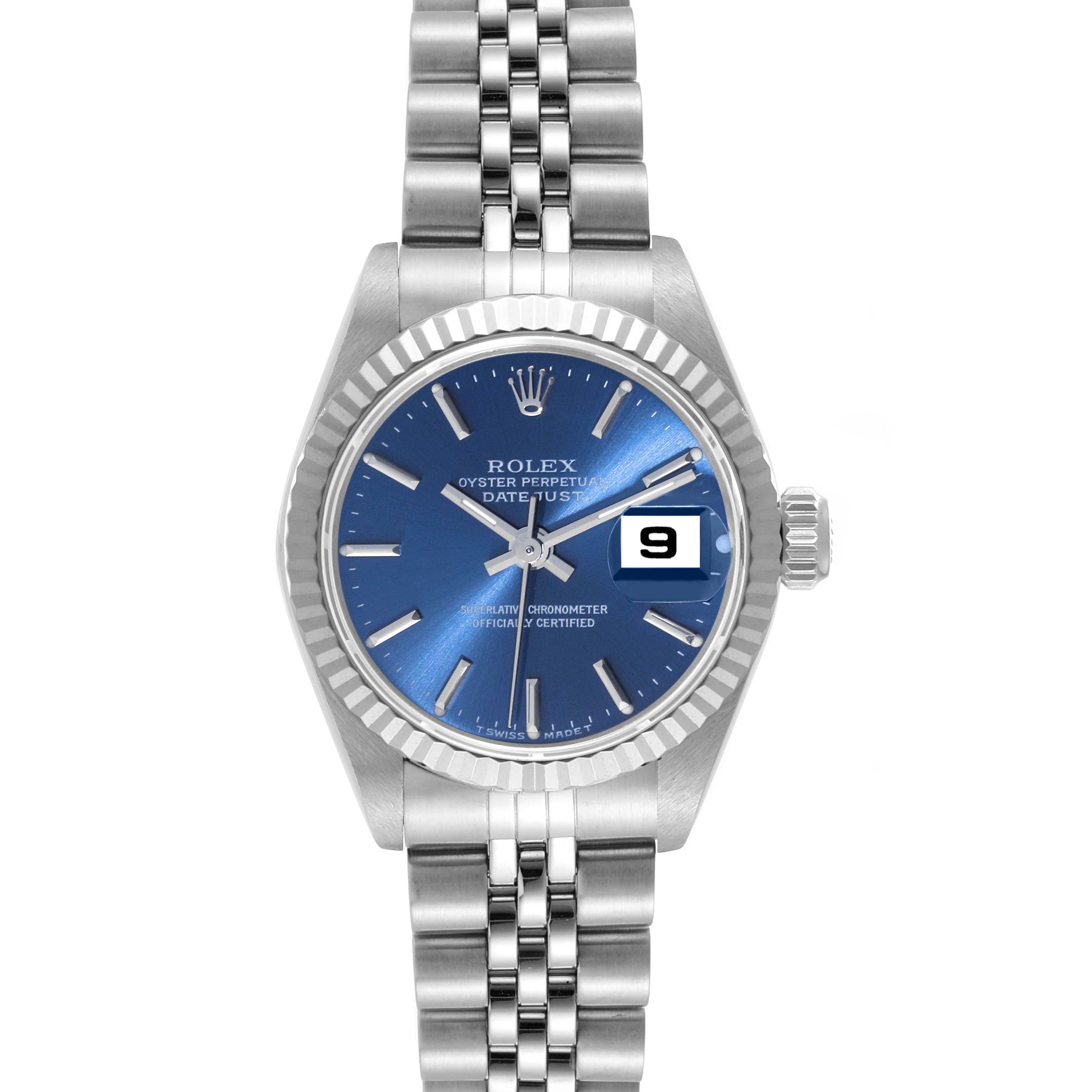 The image shows a front view of the Rolex Datejust 69174 Women's Stainless Steel Blue Dial 69174 Women's Stainless Steel Blue Dial watch, featuring its blue dial, date window, and metallic bracelet.