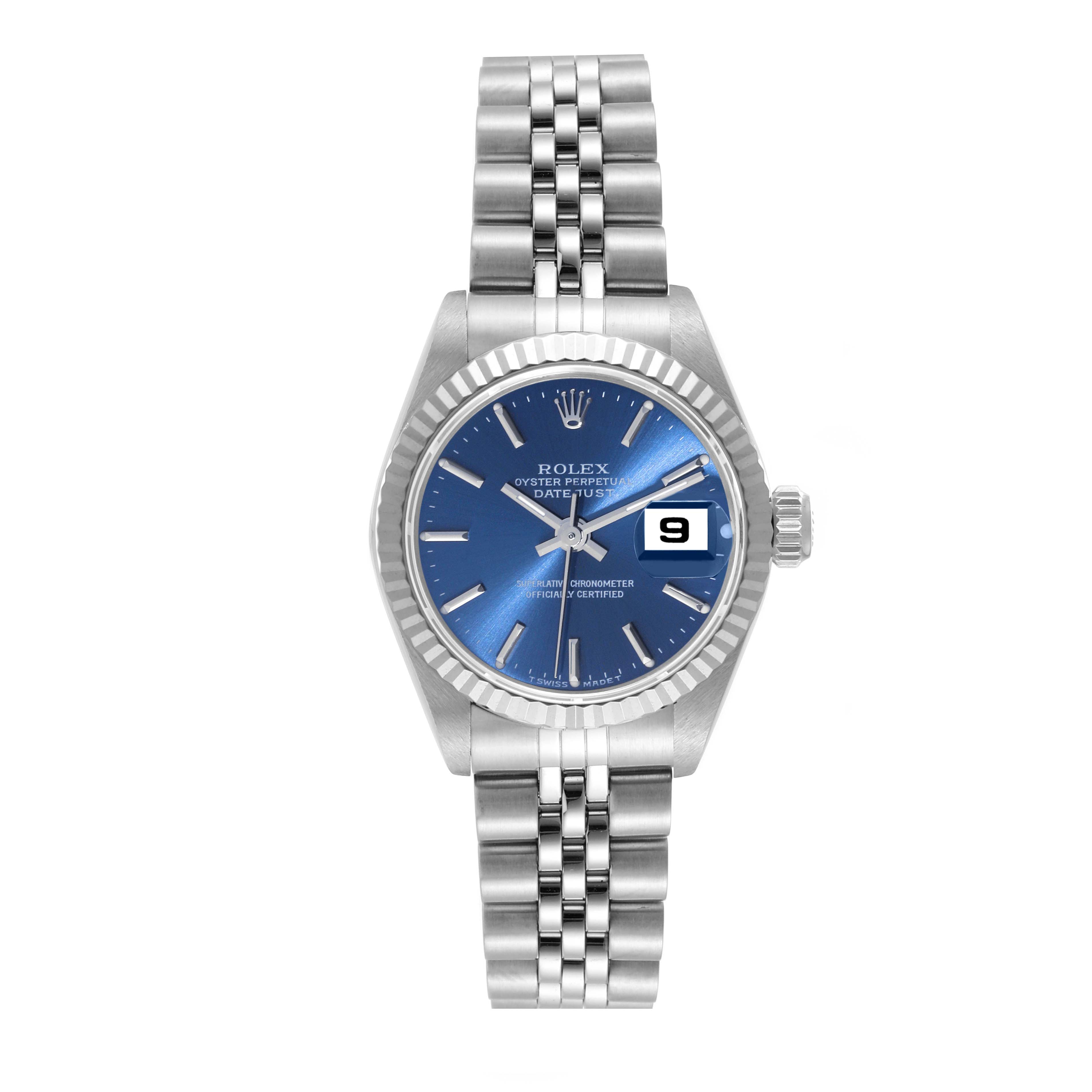 The image shows a front view of the Rolex Datejust 69174 Women's Stainless Steel Blue Dial 69174 Women's Stainless Steel Blue Dial watch displaying the dial, bezel, bracelet, and date window.