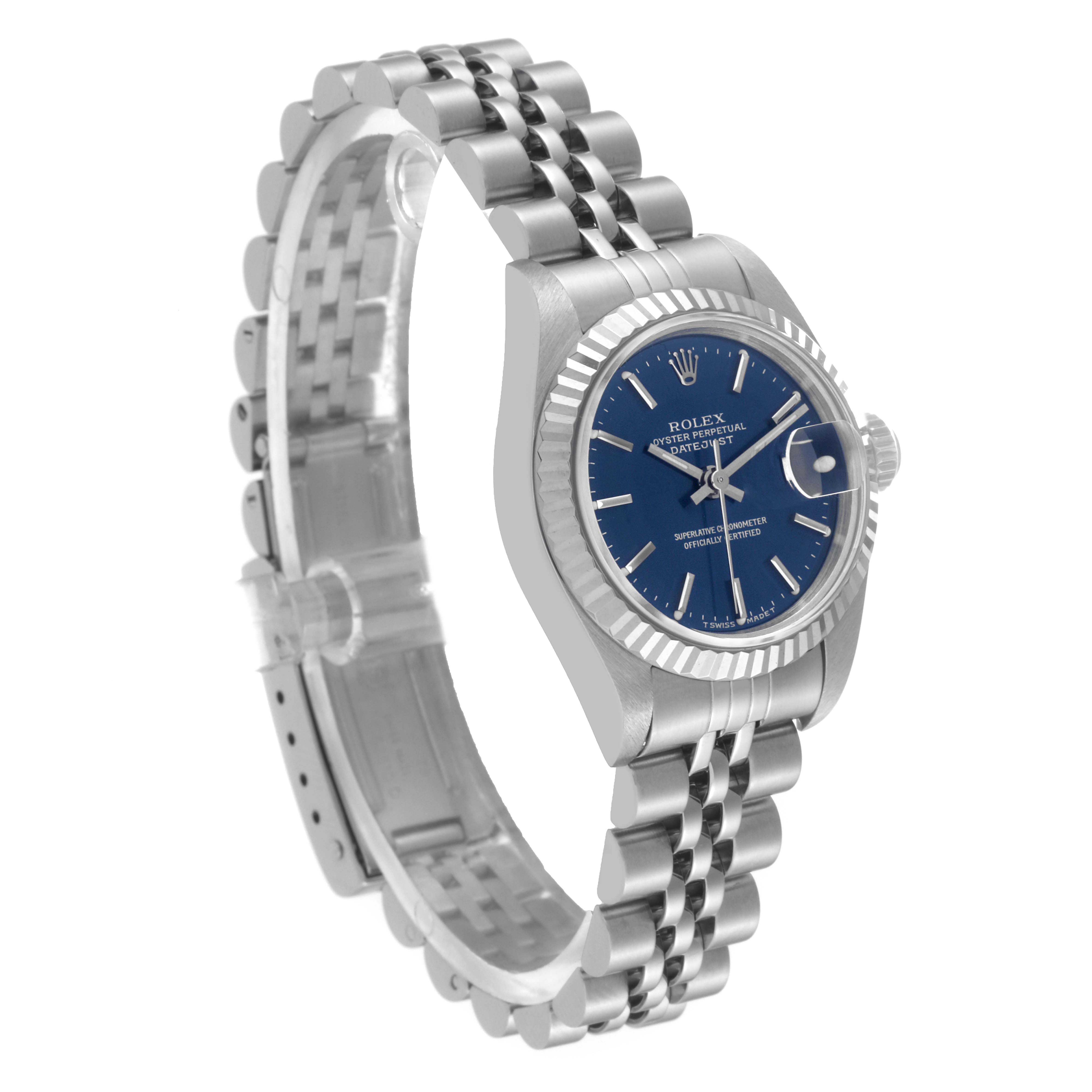 The Rolex Datejust 69174 Women's Stainless Steel Blue Dial 69174 Women's Stainless Steel Blue Dial watch is displayed at a three-quarter angle, showing the blue dial, bezel, bracelet, and crown.