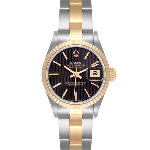 The Rolex Datejust 69173 Women's Steel and Gold (two tone) Black Dial 69173 Women's Steel and Gold (two tone) Black Dial watch is shown from a front-facing angle, highlighting the dial, bezel, and bracelet.
