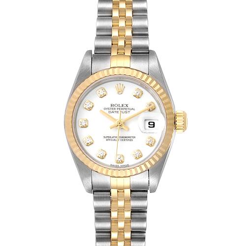 The image shows a front view of a Rolex Datejust 79173 Women's Steel and Gold (two tone) White Dial 79173 Women's Steel and Gold (two tone) White Dial, highlighting the dial, bezel, crown, and bracelet.