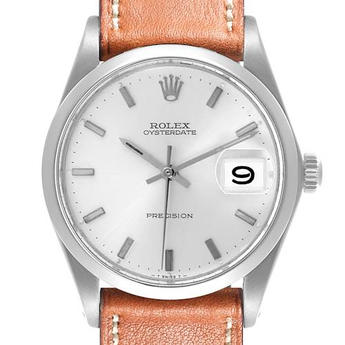 The Rolex Vintage Collection 6694 Men's Stainless Steel Silver Dial 6694 Men's Stainless Steel Silver Dial watch is shown from a front angle, displaying the dial, crown, and leather strap.