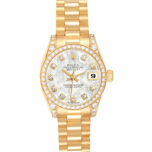 The Rolex President 179158NG Women's Yellow Gold Mother of Pearl Dial 179158NG Women's Yellow Gold Mother of Pearl Dial model is shown from a top view, highlighting the face, bezel, and band.