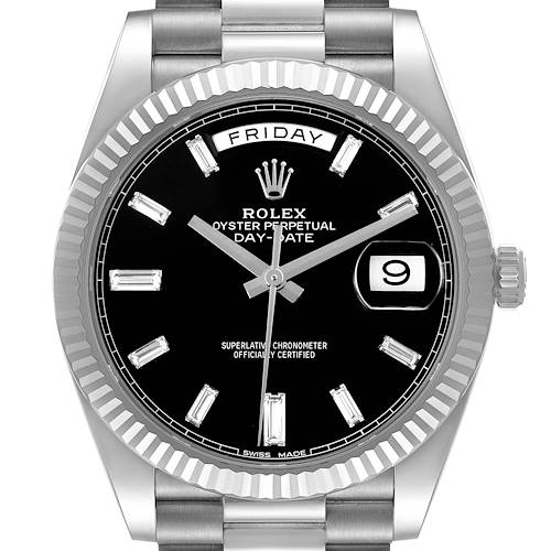 The Rolex President 228239 Men's White Gold Black Dial 228239 Men's White Gold Black Dial model watch is shown from the front, displaying its dial, hands, day-date feature, and bezel.
