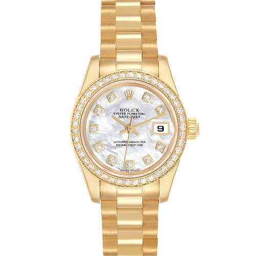 The Rolex President 179138 Women's Yellow Gold Mother of Pearl Dial 179138 Women's Yellow Gold Mother of Pearl Dial model watch is shown from a top-down angle, highlighting its face, bezel, and bracelet.