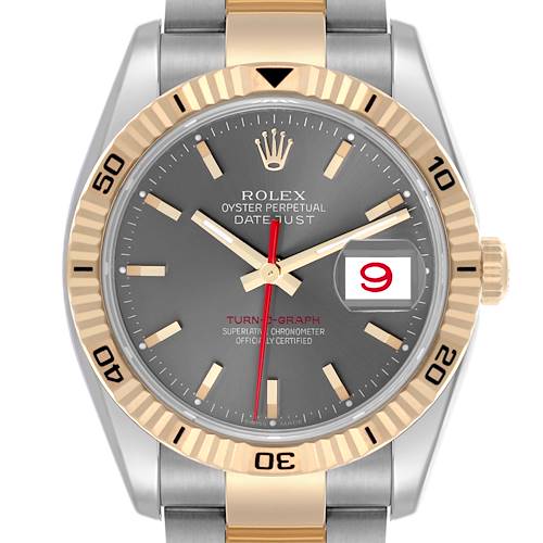The Rolex Turn-o-Graph 116263 Men's Steel and Gold (two tone) Grey Dial 116263 Men's Steel and Gold (two tone) Grey Dial watch is shown from a front angle, highlighting its bezel, dial, hands, and bracelet.