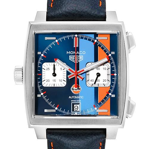 The image shows a frontal view of the Tag Heuer Monaco CAW211R.FC6401 Men's Stainless Steel Blue Dial CAW211R.FC6401 Men's Stainless Steel Blue Dial watch, highlighting its square dial and chronograph features.