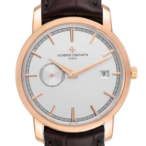 The image shows a front view of the Vacheron Constantin Traditionnelle 87172/000R-9302 Men's Rose Gold Silver Dial 87172/000R-9302 Men's Rose Gold Silver Dial watch, displaying its face, hands, date window, and part of the leather strap.