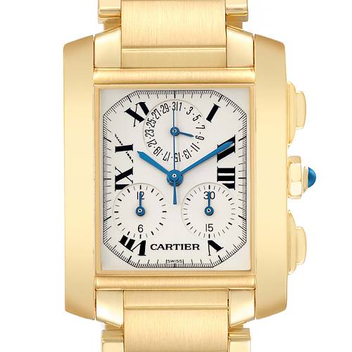 The Cartier Tank Francaise W50005R2 Men's Yellow Gold Silver Dial watch is shown from a front angle, displaying its rectangular case, dial with blue hands, and Roman numerals.