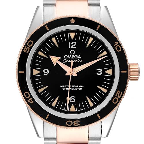 The image shows a front view of the Omega Seamaster 233.20.41.21.01.001 Men's Steel and Gold (two tone) Black Dial 233.20.41.21.01.001 Men's Steel and Gold (two tone) Black Dial watch, highlighting its dial, bezel, and part of the bracelet.