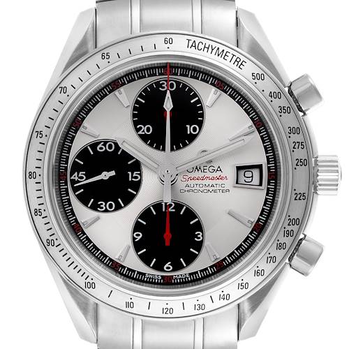 The Omega Speedmaster 3211.31.00 Men's Stainless Steel Silver Dial watch is shown from the front, displaying the dial, subdials, tachymeter bezel, and crown.