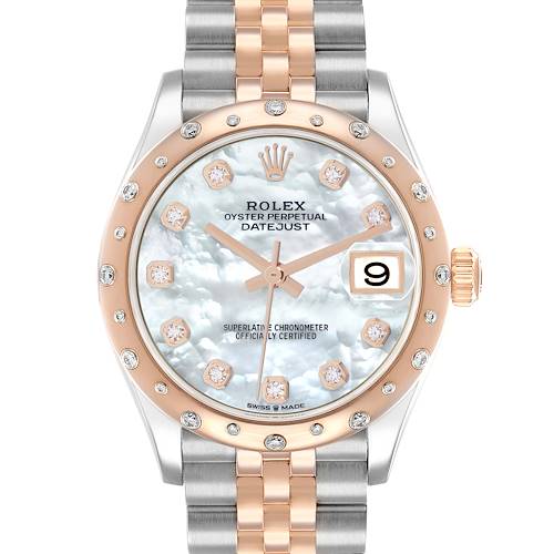 The image shows a Rolex Datejust Mid-Size from a front view, highlighting the dial, bezel, and part of the bracelet.