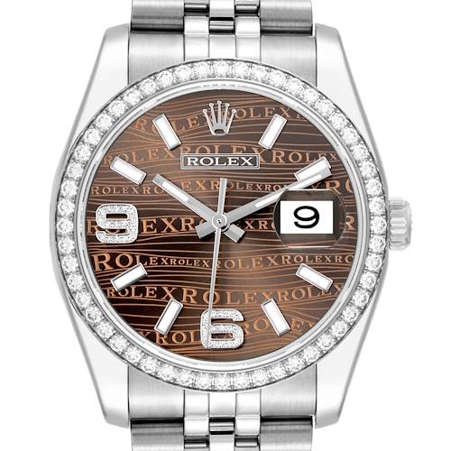 This is a close-up of the Rolex Datejust 116244 Men's Stainless Steel Brown Dial 116244 Men's Stainless Steel Brown Dial watch, showing the dial, hands, bezel, and part of the bracelet.