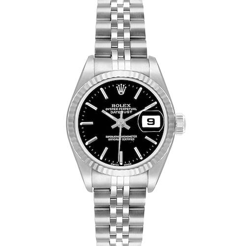 The Rolex Datejust 79174 Women's Stainless Steel Black Dial watch is shown from the front, displaying its dial, bezel, bracelet, and crown.