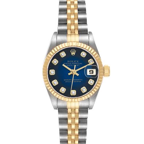 The Rolex Datejust 69173 Men's Steel and Gold (two tone) Blue Dial watch is shown from a front view, highlighting the blue dial, diamond markers, and two-tone bracelet.