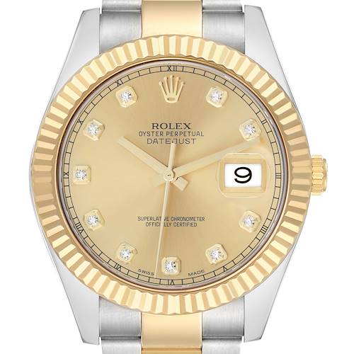 The Rolex Datejust 41 116333 Men's Steel and Gold (two tone) Champagne Dial is shown from a front view, highlighting the bezel, dial, hands, markers, and part of the bracelet.