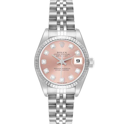 This is a front view of a Rolex Datejust 79174 Men's Stainless Steel Pink Dial watch, showing the dial, bezel, bracelet, and date magnifier.