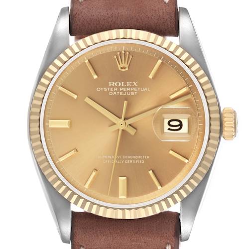 The Rolex Vintage Collection 1601 Men's Steel and Gold (two tone) Champagne Dial watch is shown from the front, highlighting the dial, hands, bezel, and date feature.