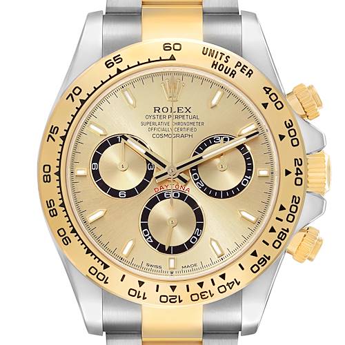 The Rolex Daytona 126503 Men's Steel and Gold (two tone) Champagne Dial watch is shown from a front angle, highlighting its bezel, dial, subdials, and crown.