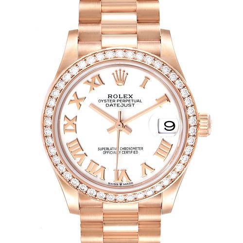 This is a front-facing view of the Rolex President 278285 Women's Rose Gold White Dial 278285 Women's Rose Gold White Dial model watch, showing the watch face, bezel, and part of the bracelet.