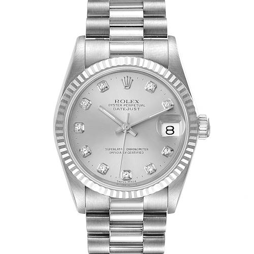 The image shows the Rolex President 68279 Women's White Gold Silver Dial 68279 Women's White Gold Silver Dial model watch, featuring a fluted bezel, diamond hour markers, and a date display at 3 o'clock.