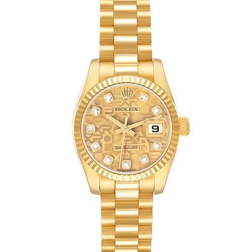 The Rolex President 179178 Women's Yellow Gold Champagne Dial model watch is shown from the front, highlighting its gold bracelet, dial with diamond markers, and date feature.
