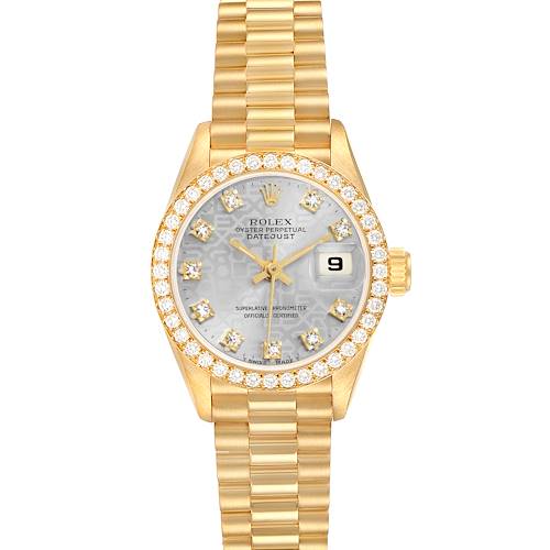 The Rolex President 69138 Women's Yellow Gold Silver Dial model watch is shown from a front angle, displaying its dial, bezel, and bracelet.