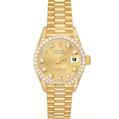 The Rolex President 69158 Women's Yellow Gold Champagne Dial model is shown from a top view, highlighting its gold bracelet and diamond-encrusted bezel.