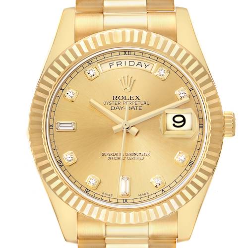 The Rolex President 218238 Men's Yellow Gold Champagne Dial model watch is shown from the front, highlighting its gold dial, fluted bezel, and day-date feature.