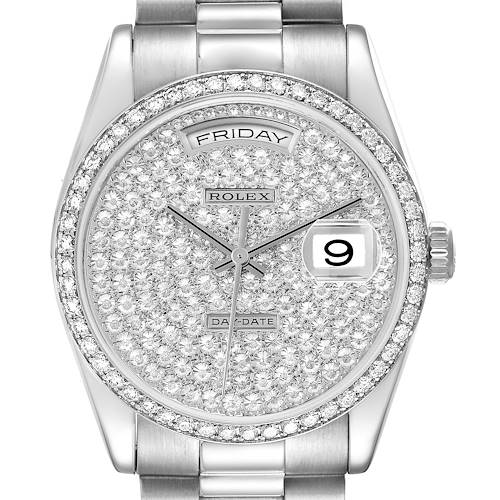 The Rolex President 118346 Men's Platinum Silver Dial model watch is shown from the front, displaying its diamond-set dial, day-date feature, and fluted bezel.